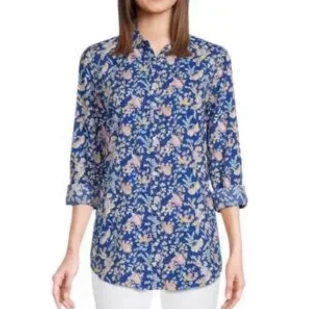 J. McLaughlin Lois Button-Up Shirt Small Blue Butterfly Pattern Floral Casual - Picture 1 of 6